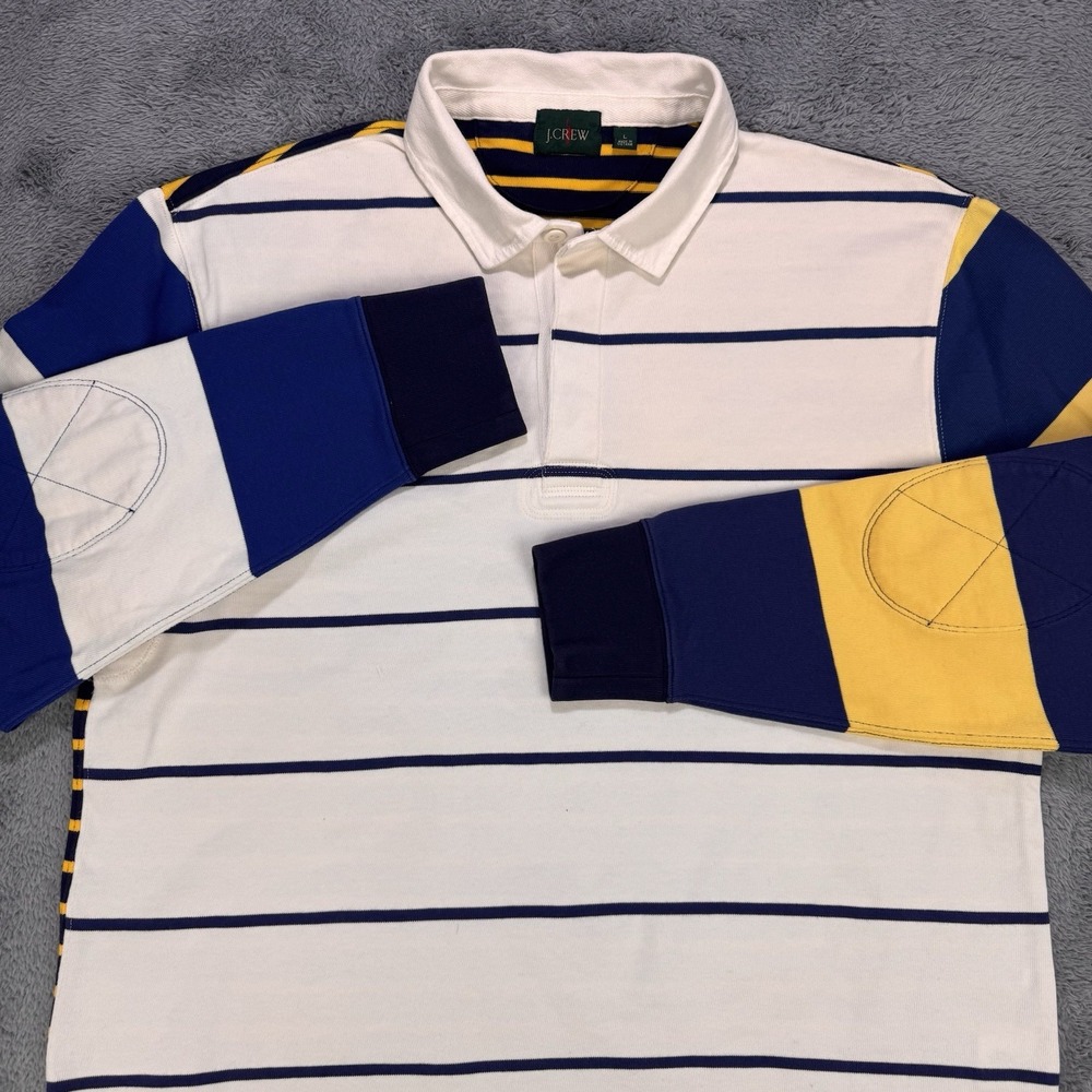 VTG J Crew Rugby Shirt Men White Yellow Blue Striped Elbow Pads Long Sleeve‎